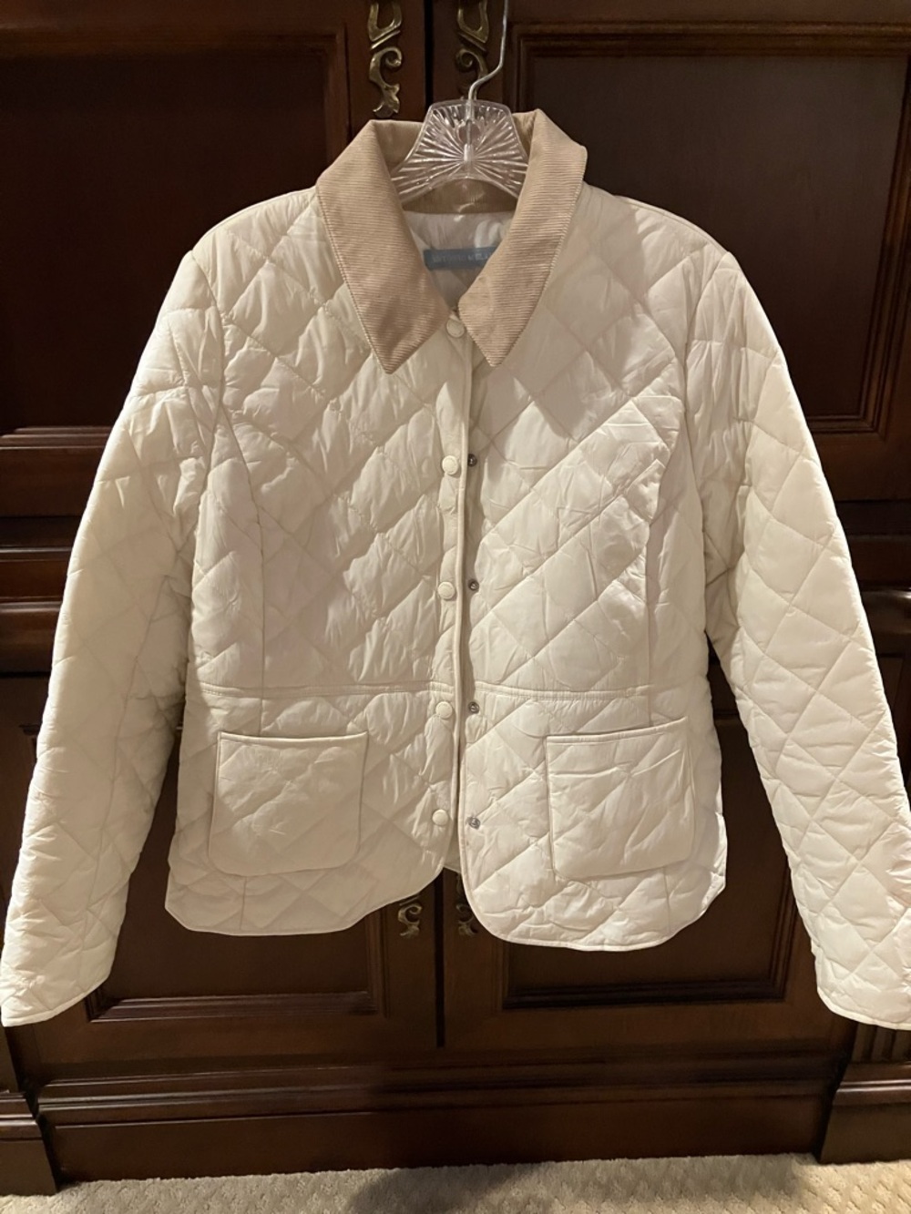 ANTONIO MELANI Cream Quilted Snap-Front Jacket with Tan Corduroy Collar